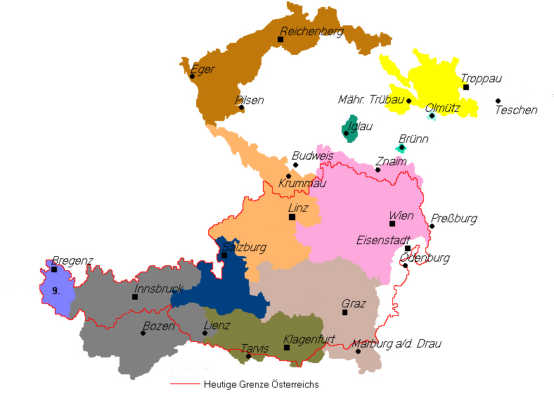 Gebiet der 1918 proklamierten Republik Deutschösterreich und Österreich in den von den Siegermächten 1919 festgelegten Grenzen